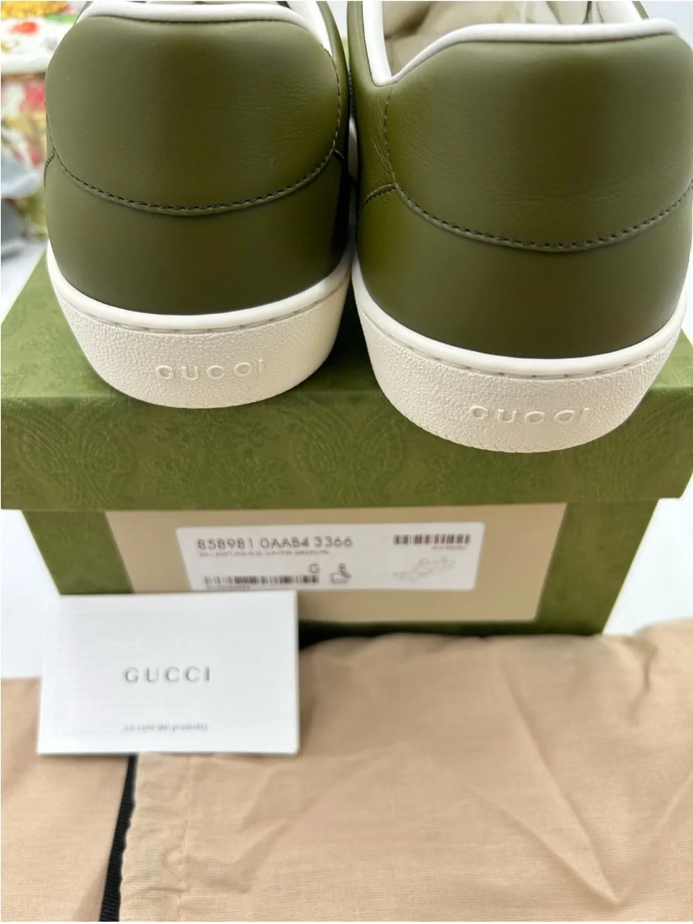 Men’s Gucci, leather web design sneakers size 8, fits nine US Italy